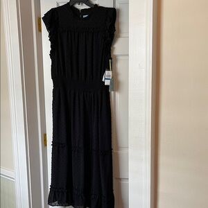 CeCe Elegant Black Ruffled Smocked Waist Midi Dress with Textured Dot Accents